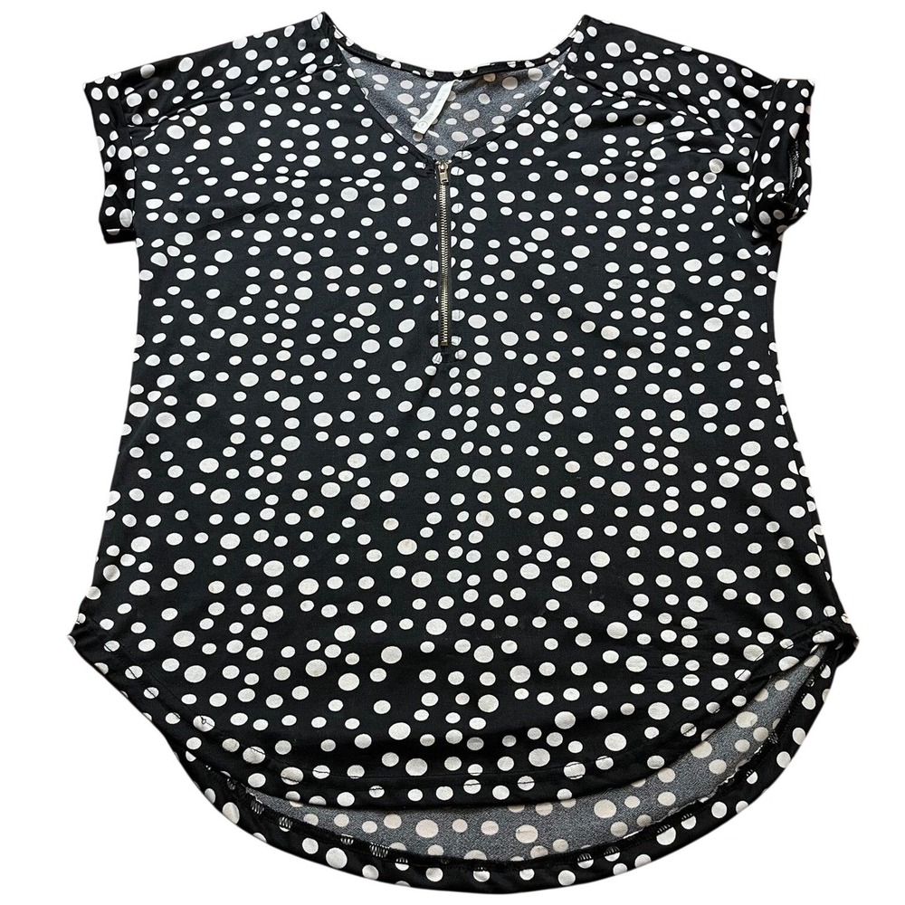 Rene Ricci Black Polka Dot Zip Front Blouse S Short Sleeve Top